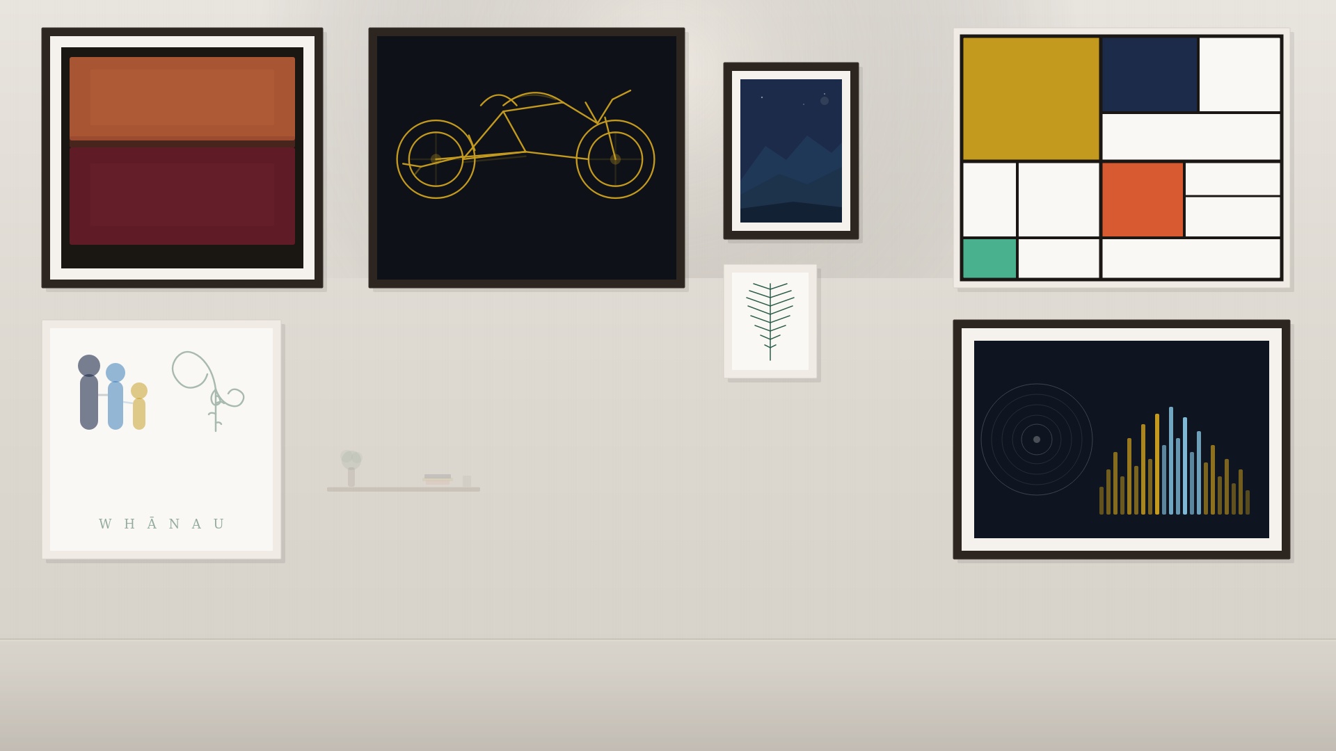 A gallery wall of framed Bauhaus-inspired artwork.